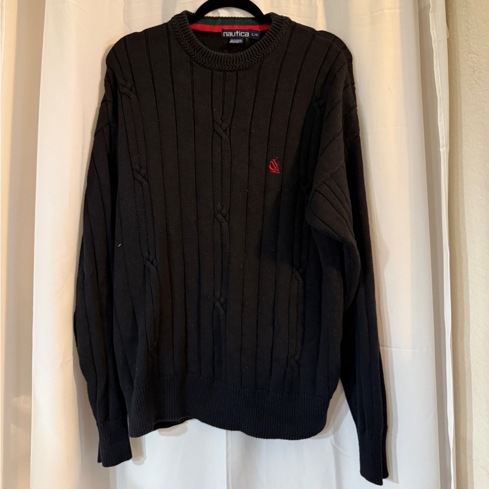 Vintage Nautica Cable Knit Sweater L Black 100% Cotton 90s Logo Crewneck